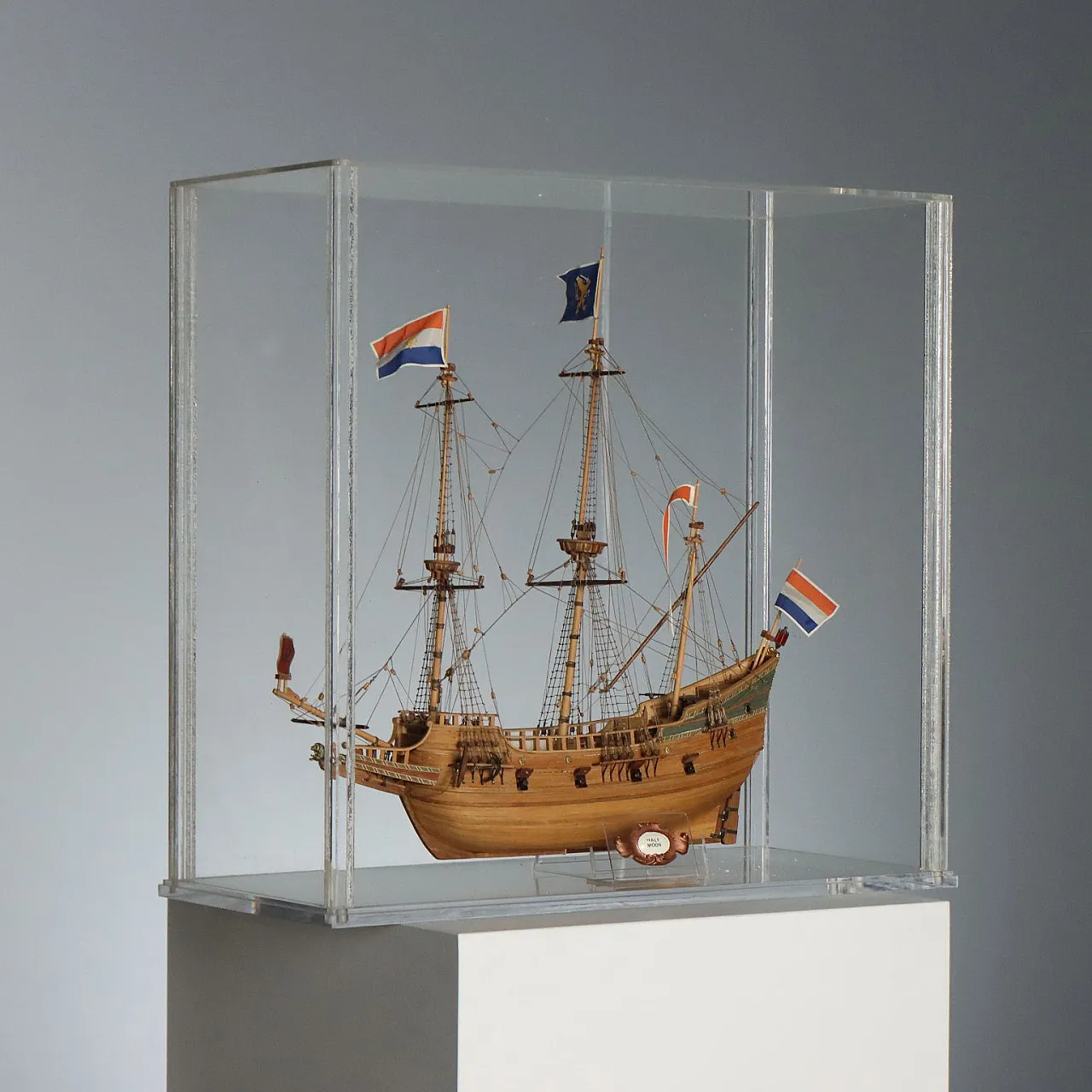 Wooden Vessel in plexiglass case, 20th century 1