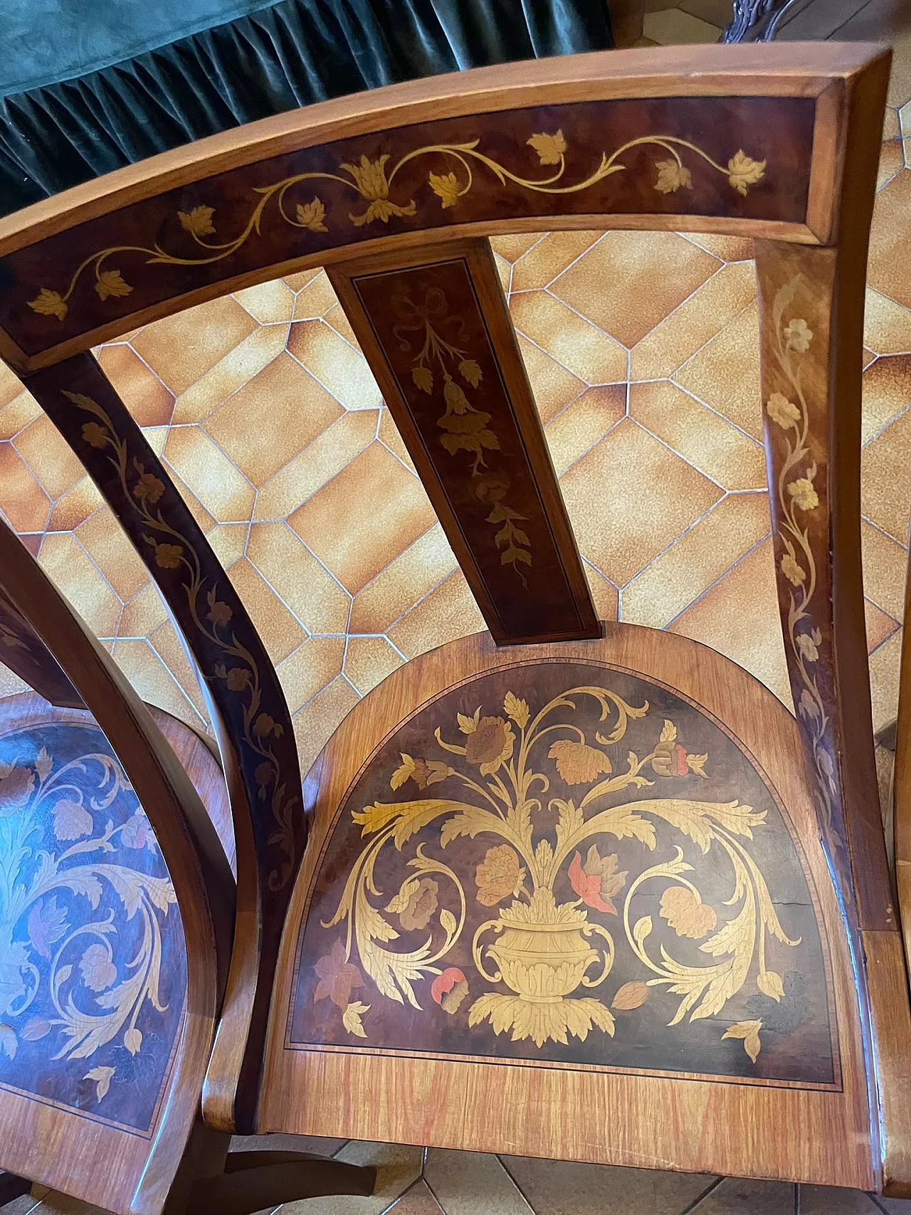 12 Inlaid wooden chairs, 80s 1