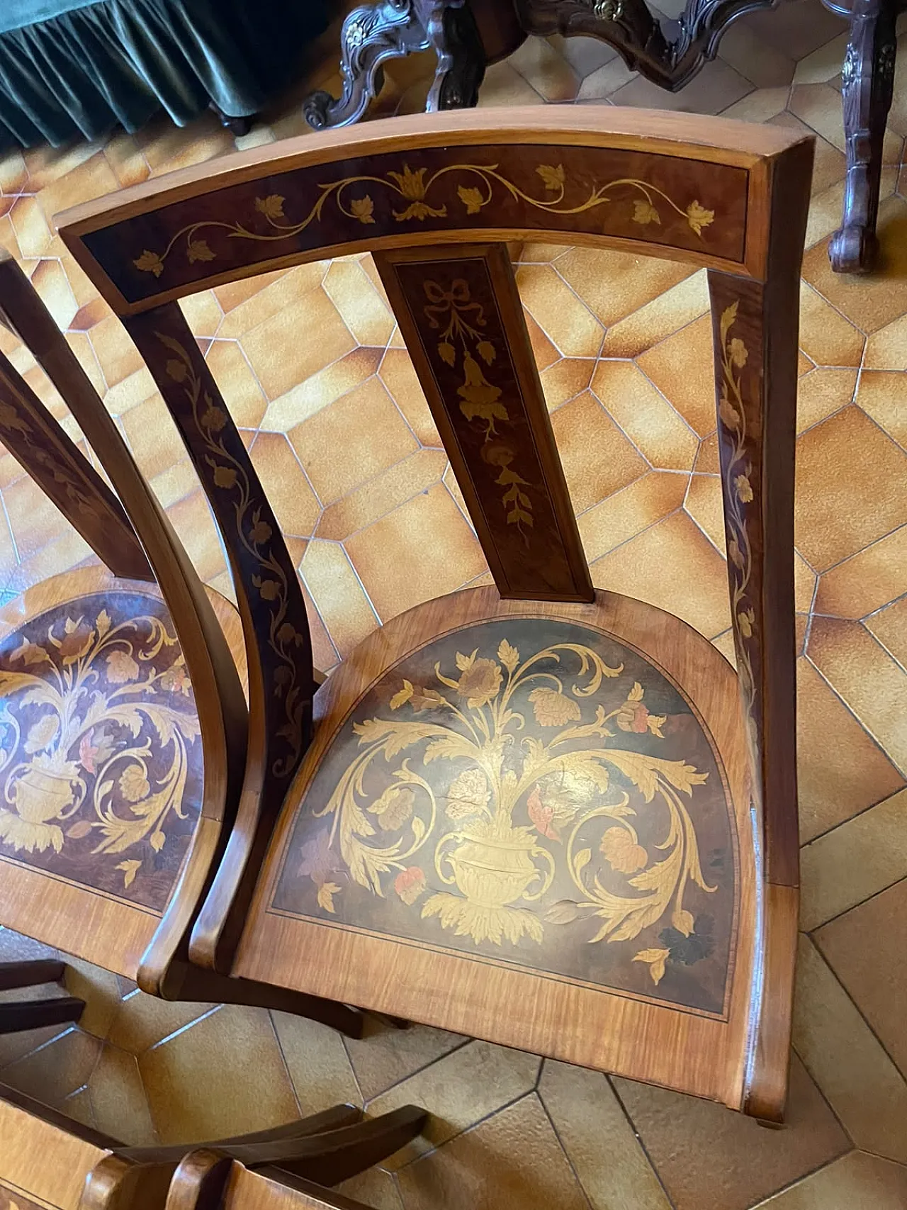 12 Inlaid wooden chairs, 80s 2