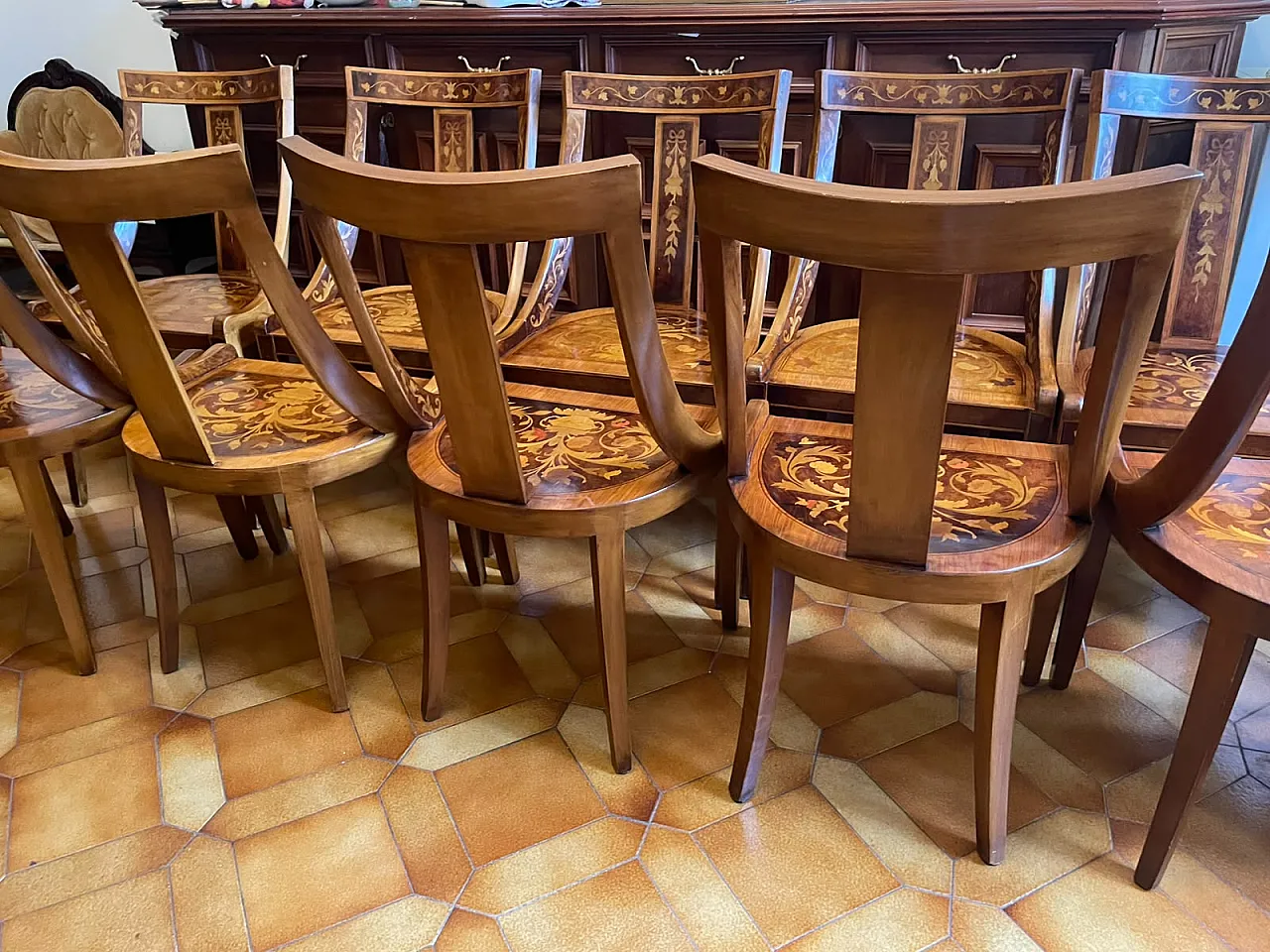 12 Inlaid wooden chairs, 80s 3