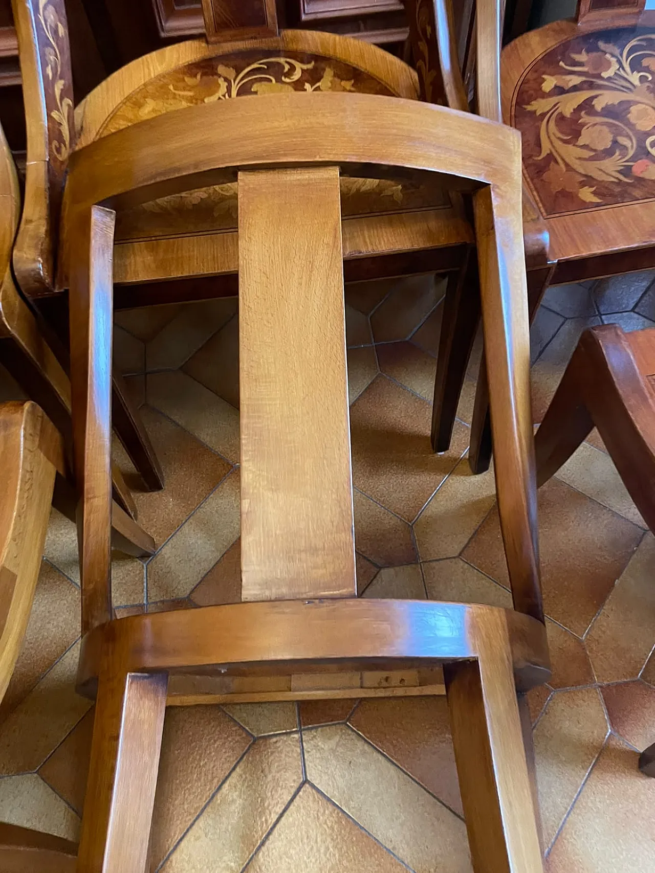 12 Inlaid wooden chairs, 80s 5
