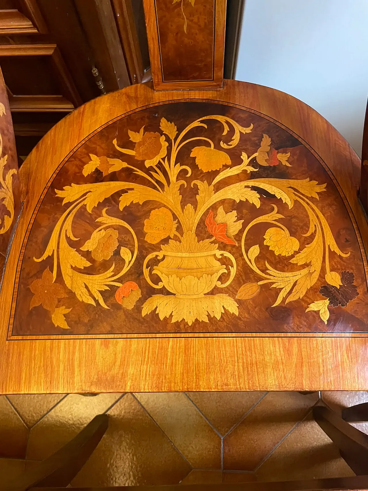 12 Inlaid wooden chairs, 80s 6