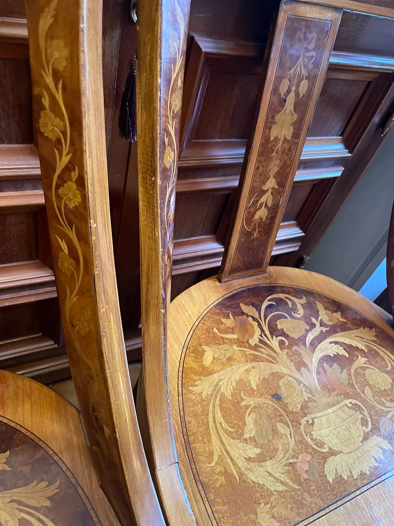 12 Inlaid wooden chairs, 80s 7