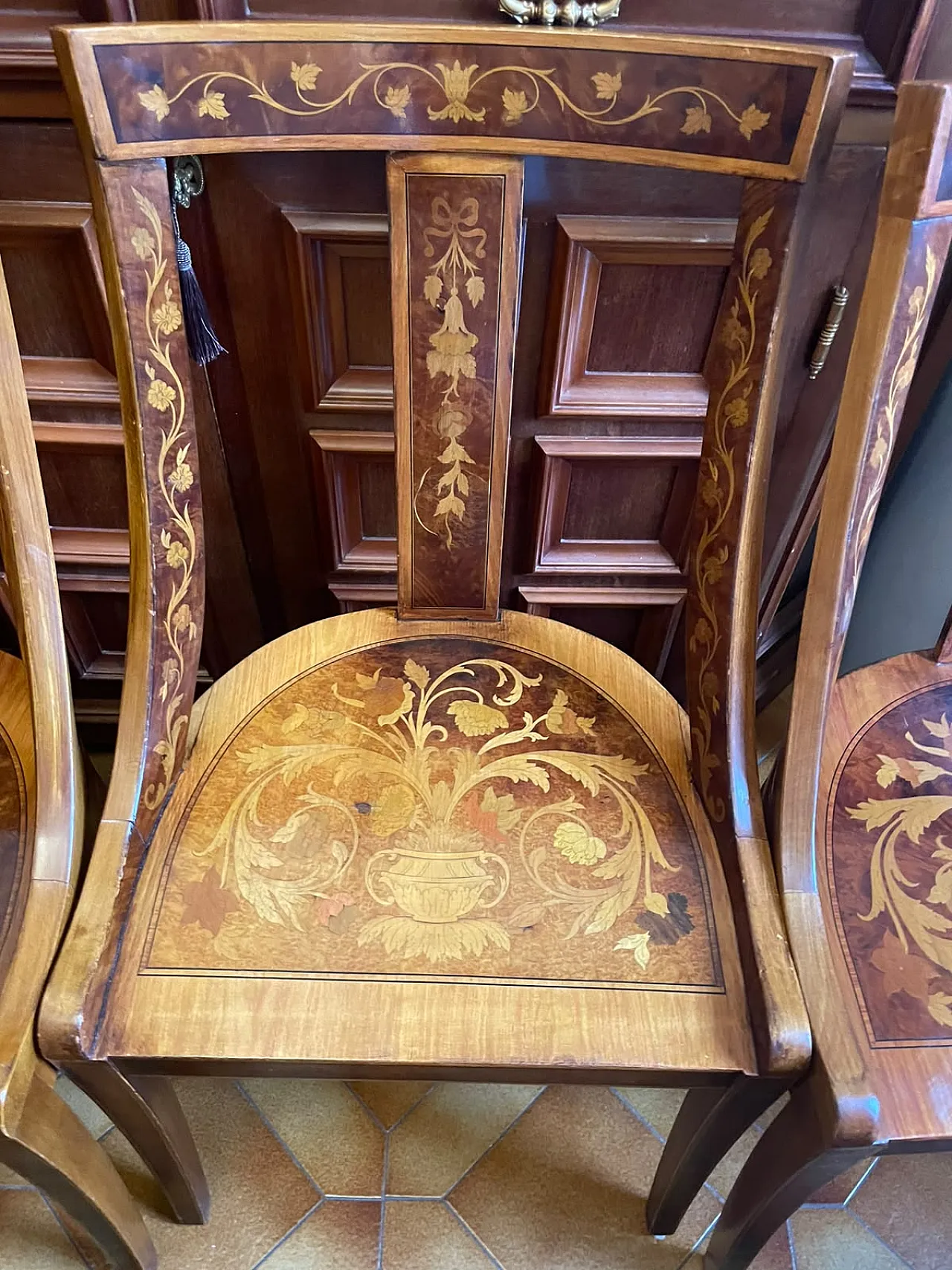 12 Inlaid wooden chairs, 80s 8