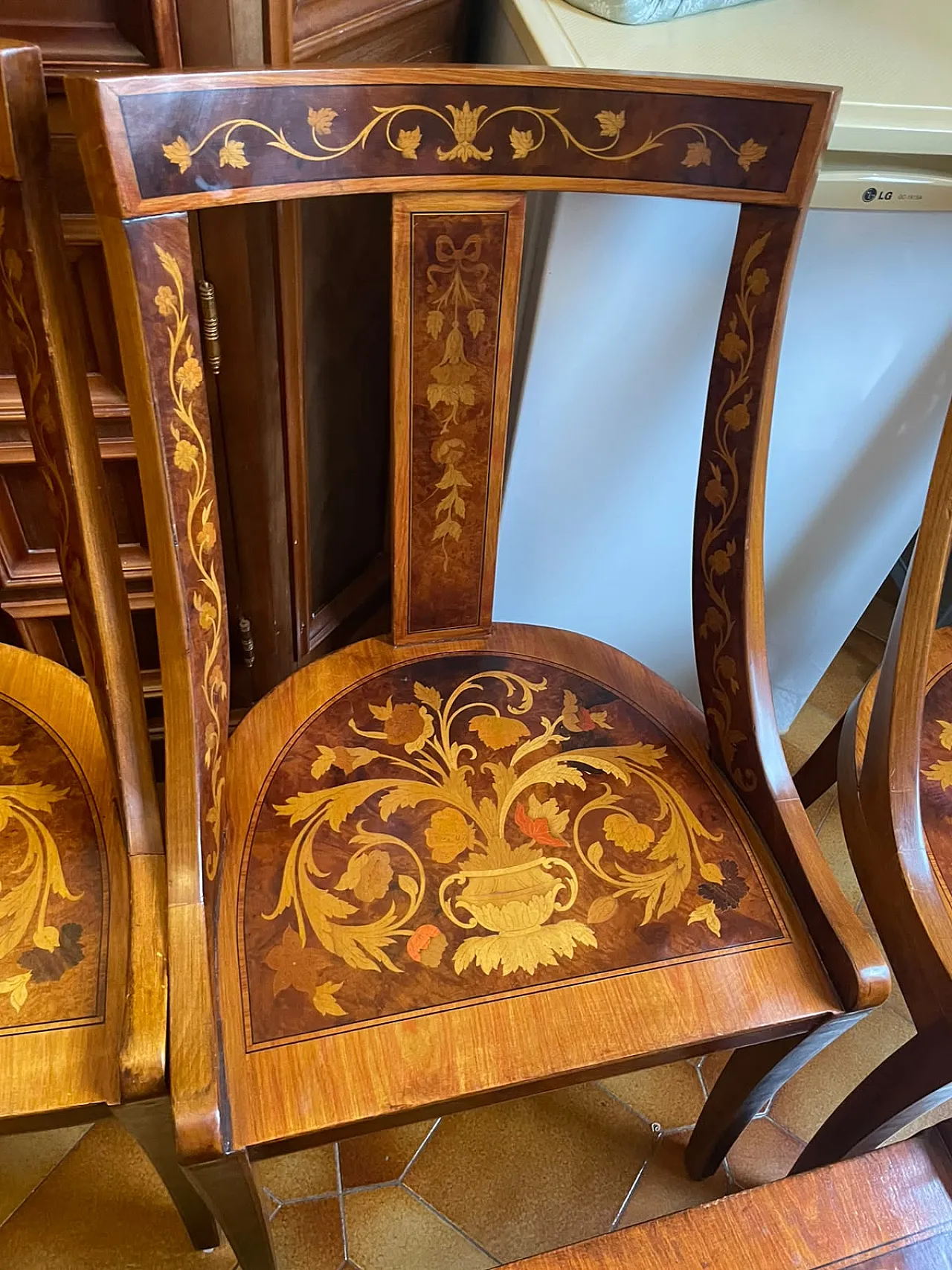 12 Inlaid wooden chairs, 80s 9