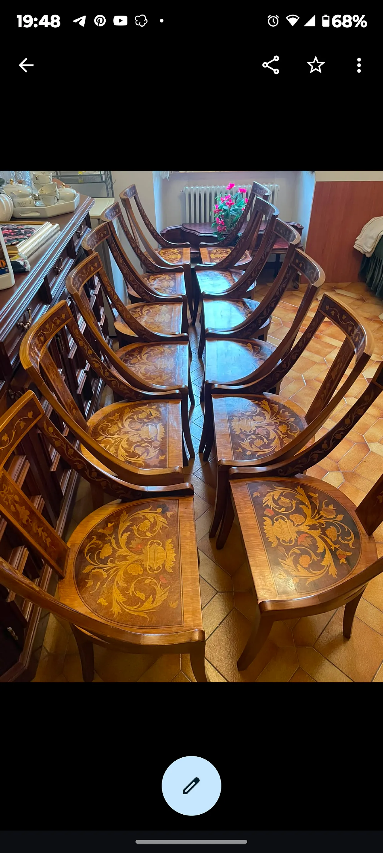 12 Inlaid wooden chairs, 80s 10