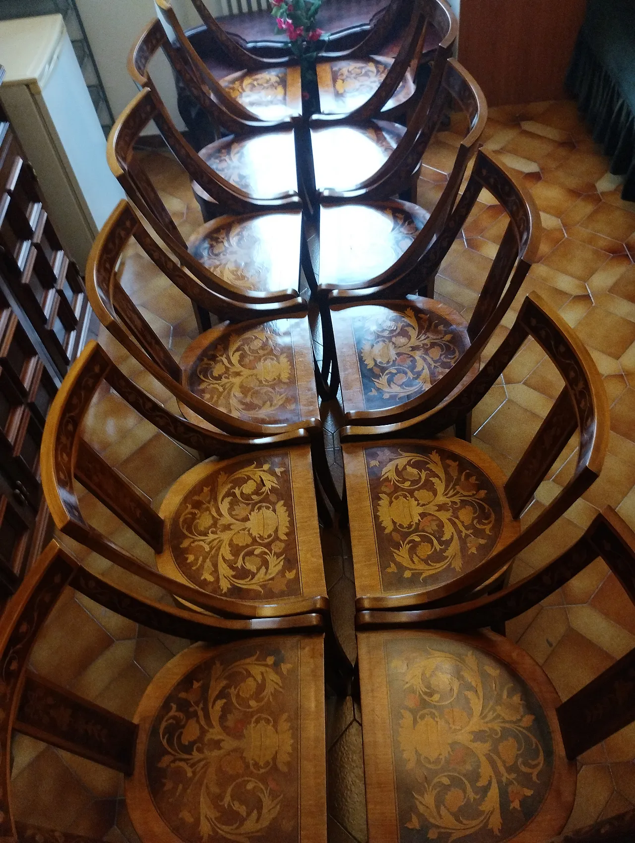12 Inlaid wooden chairs, 80s 11
