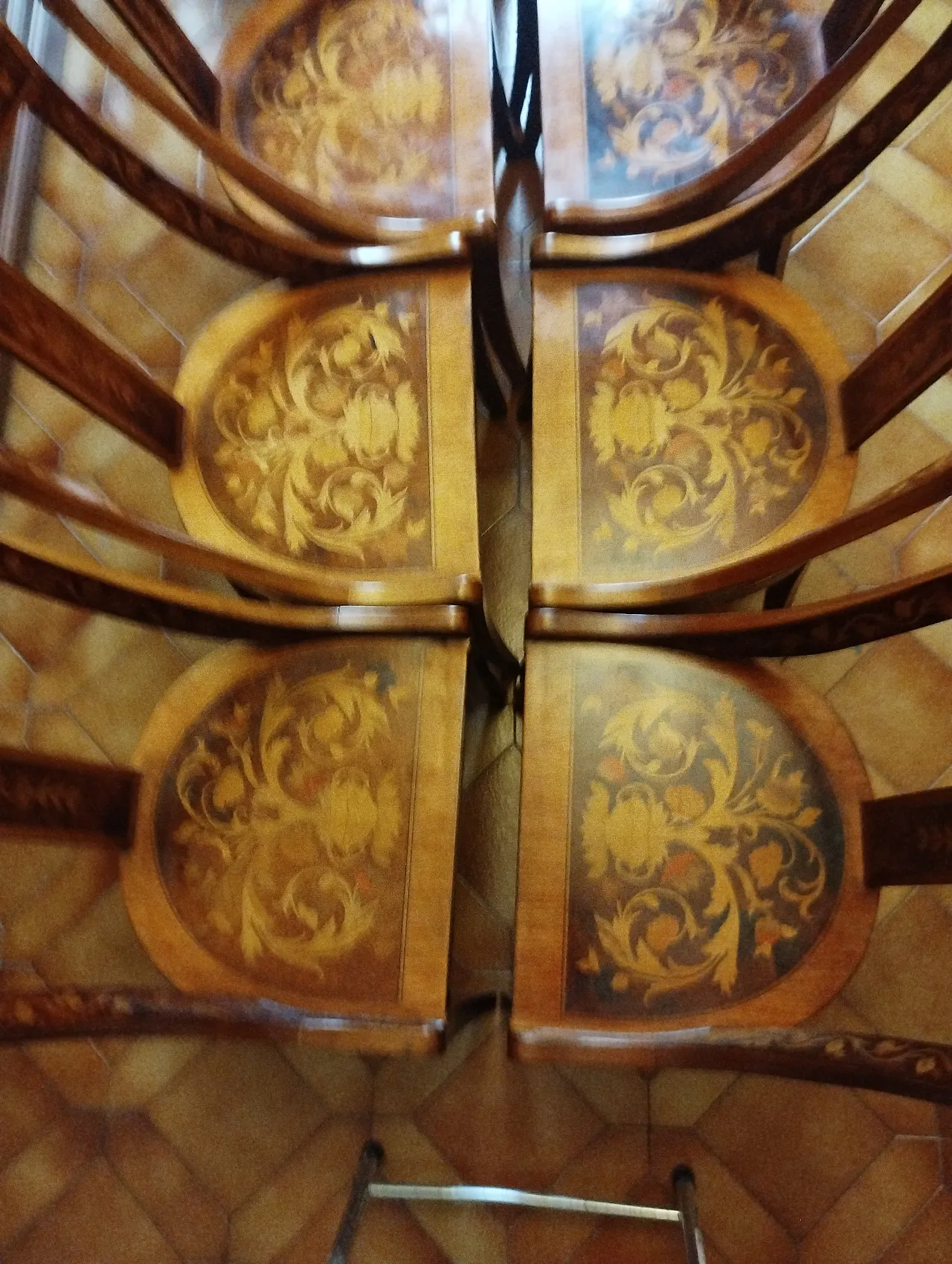 12 Inlaid wooden chairs, 80s 12