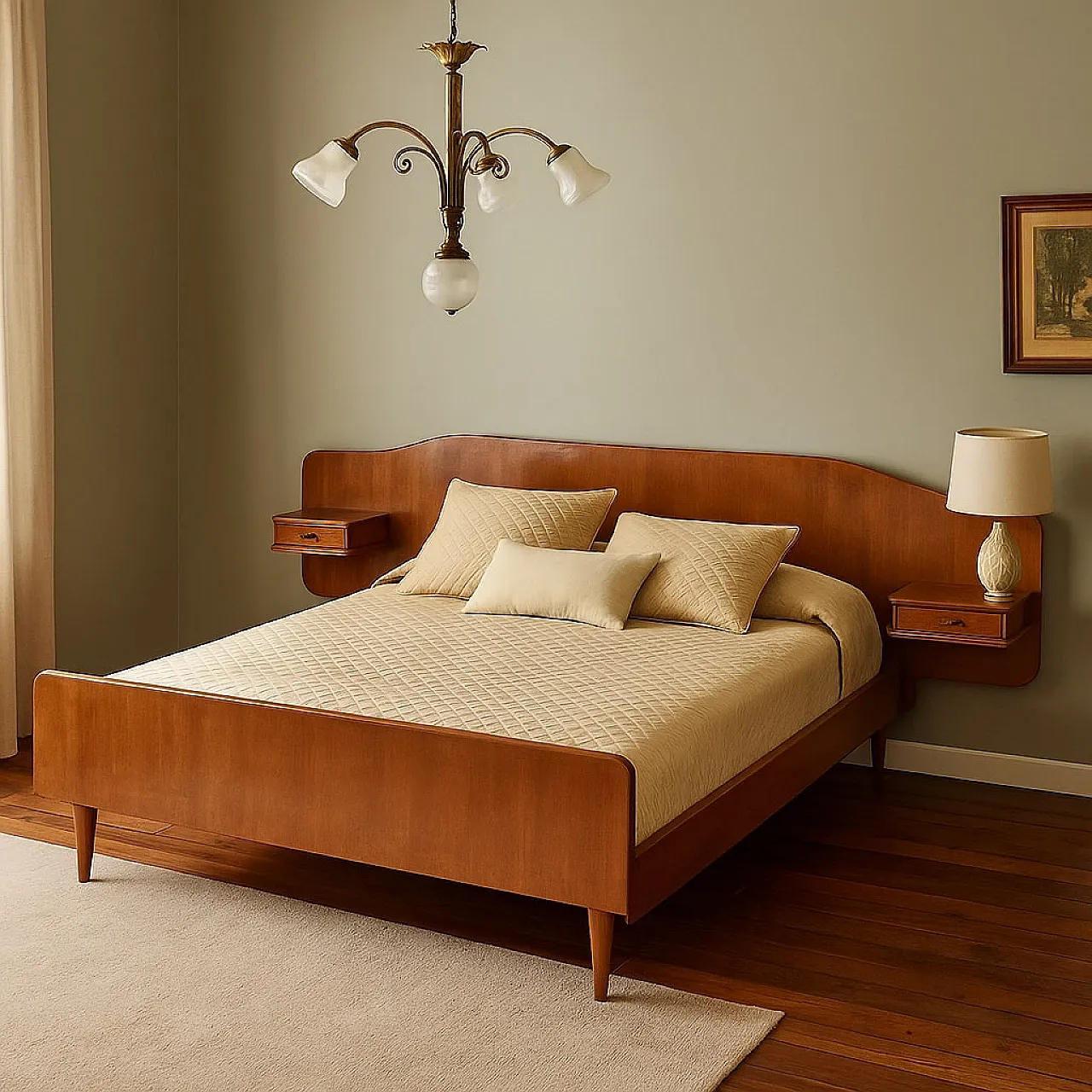 Double bed in maple briar with bedside tables, 20th century 2