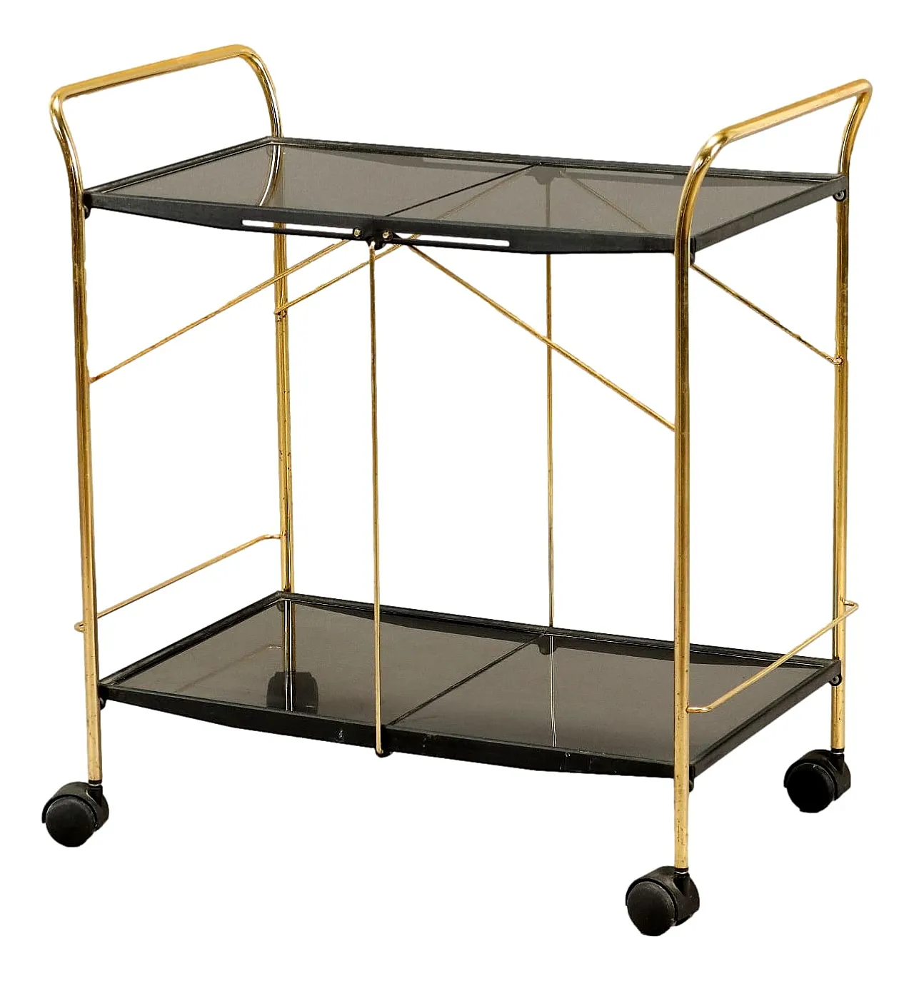 Brass-plated metal and plexiglass foldable bar cart, 1980s 1