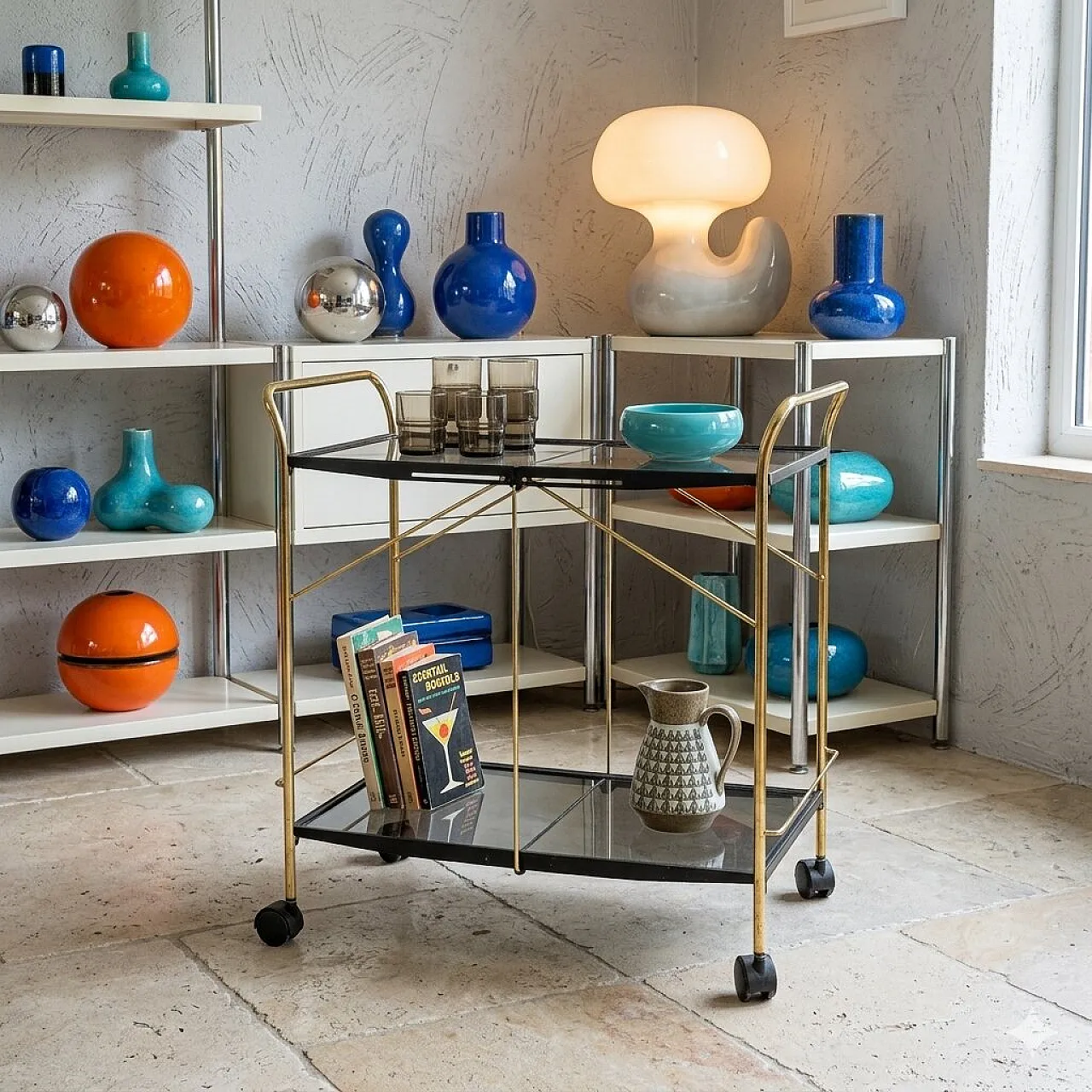 Brass-plated metal and plexiglass foldable bar cart, 1980s 2