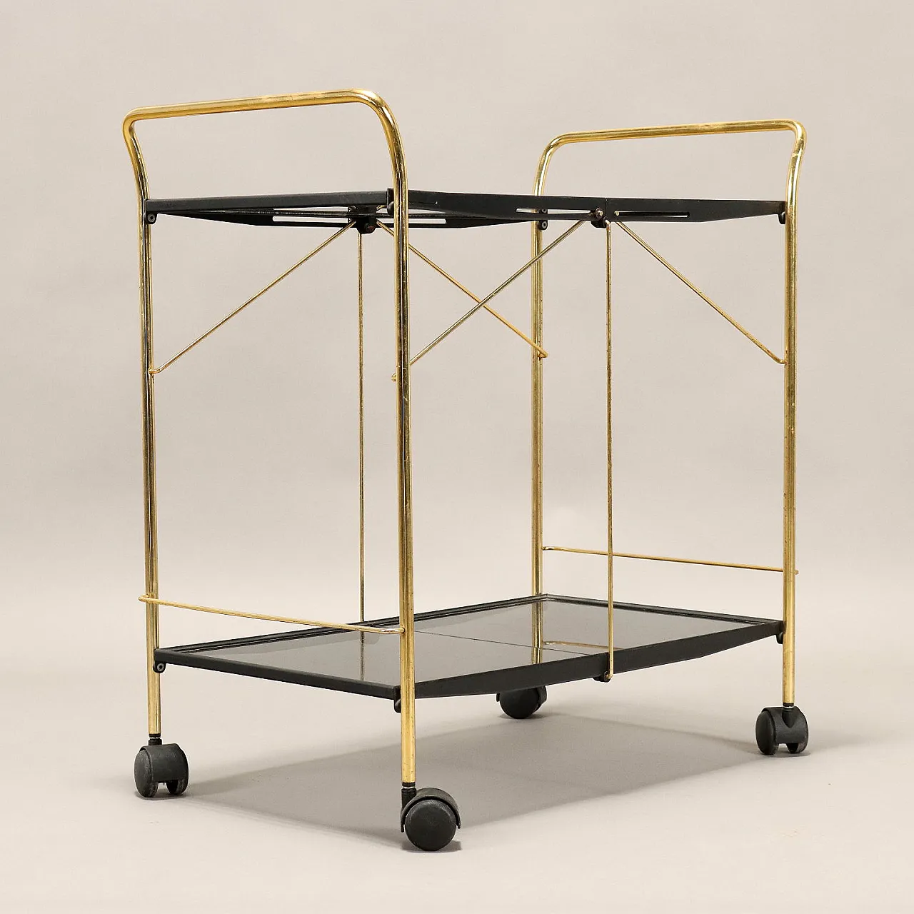 Brass-plated metal and plexiglass foldable bar cart, 1980s 8