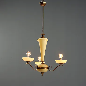 Lampadario in vetro e ottone, metà '900