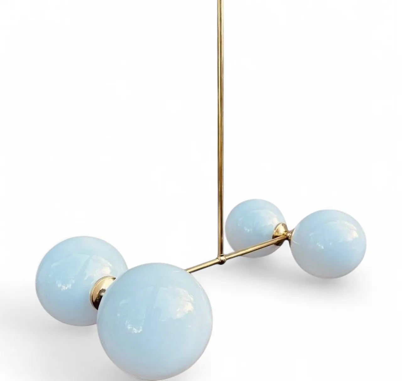 Brass Atomic Chandelier with 4 Opaline Globes, mid 20th Century 11