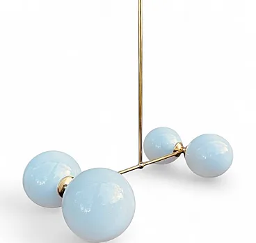 Brass Atomic Chandelier with 4 Opaline Globes, mid 20th Century