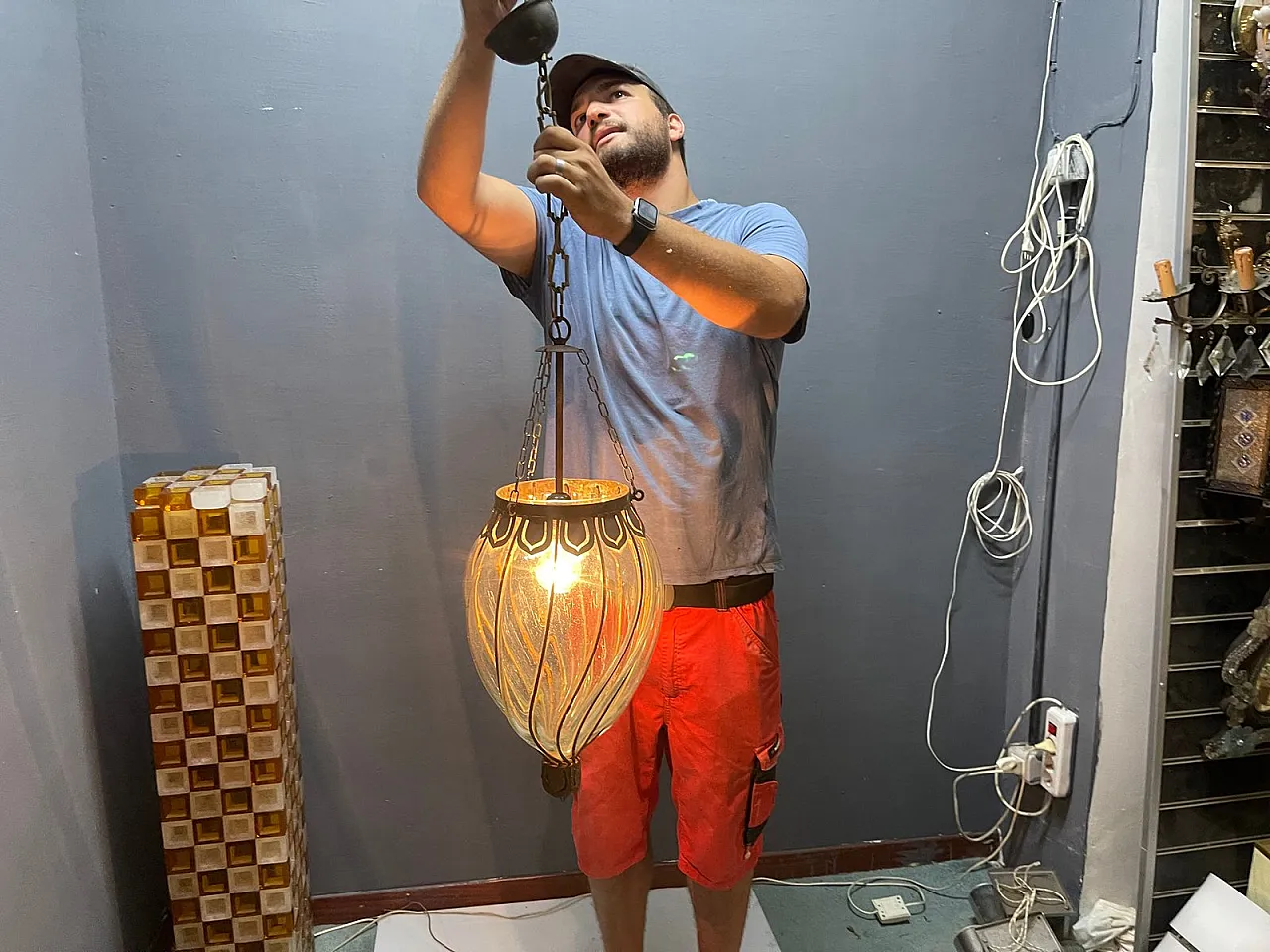 Pendant lamp in wrought iron and Murano glass, 1950s 14