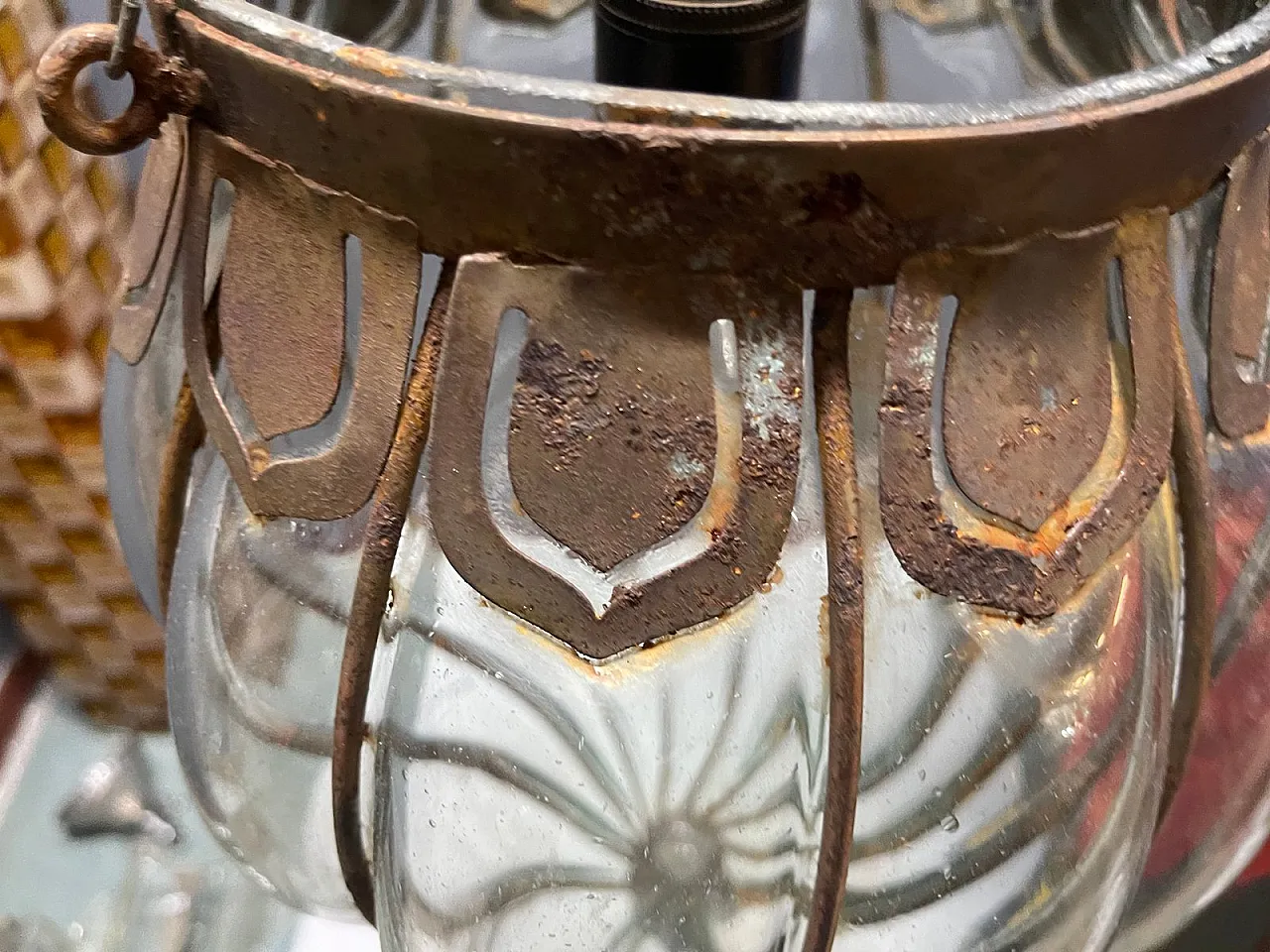 Pendant lamp in wrought iron and Murano glass, 1950s 15