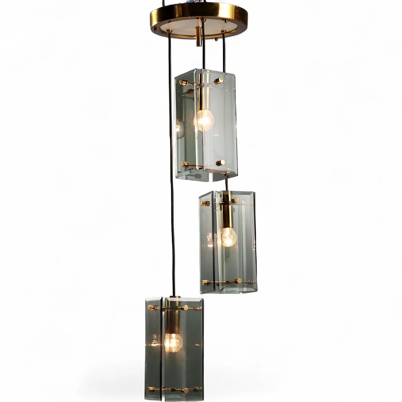 Lampada a soffitto in ottone e vetro fumé, anni '60 11