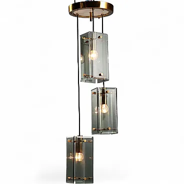 Lampada a soffitto in ottone e vetro fumé, anni '60