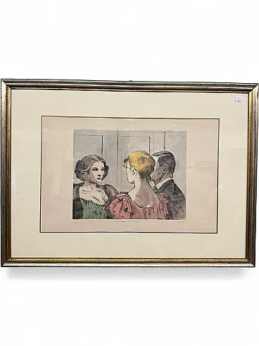 Watercolor engraving Alberto Sughi, Figures, early 20th century