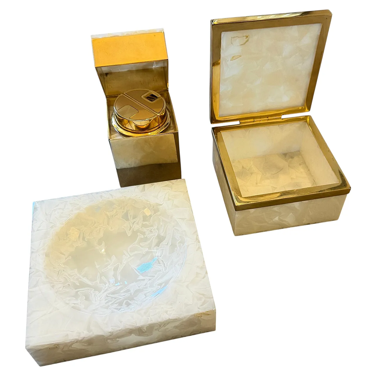 Faux mother pearl lucite and brass smoking set, 1970s 1