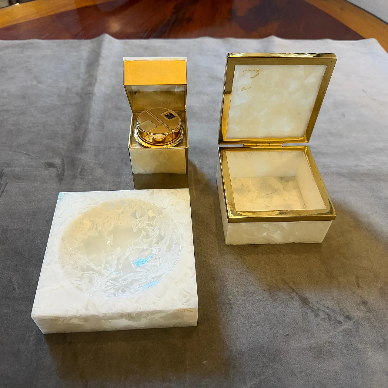 Faux mother pearl lucite and brass smoking set, 1970s 11