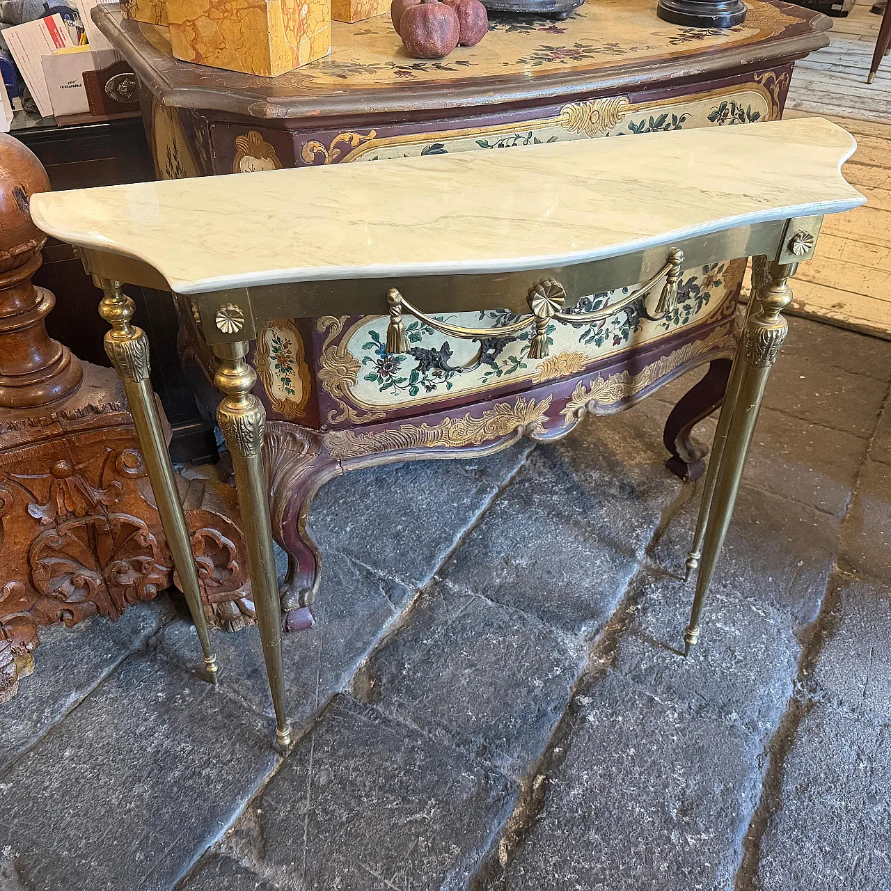 Consolle in marmo giallo e ottone Mid-Century Modern, anni '50 8
