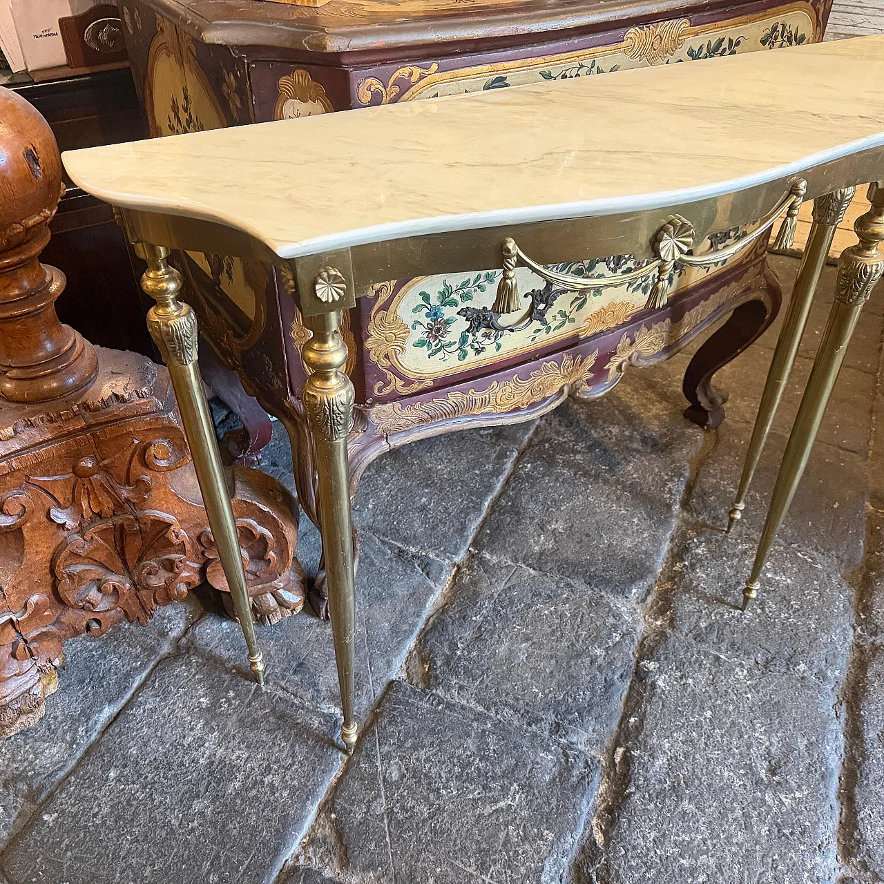 Consolle in marmo giallo e ottone Mid-Century Modern, anni '50 10