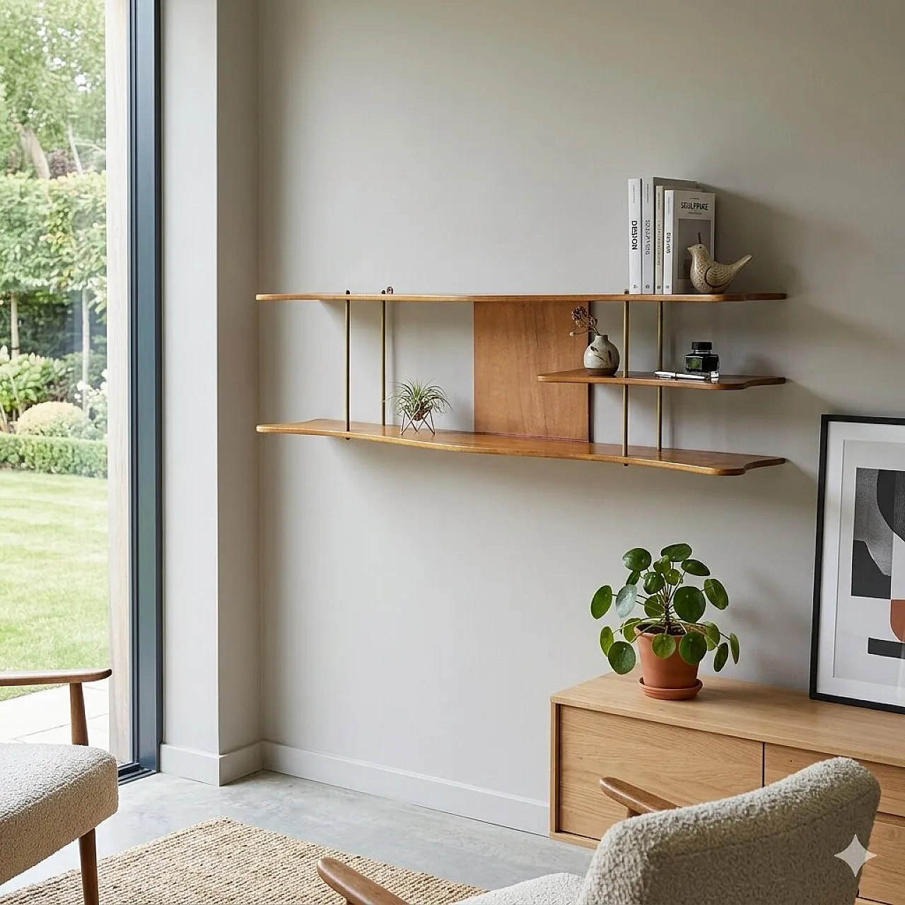 Agere with shaped shelves, in walnut and brass, 20th century 2