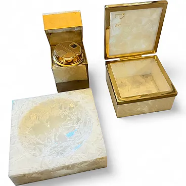 Faux mother pearl lucite and brass smoking set, 1970s