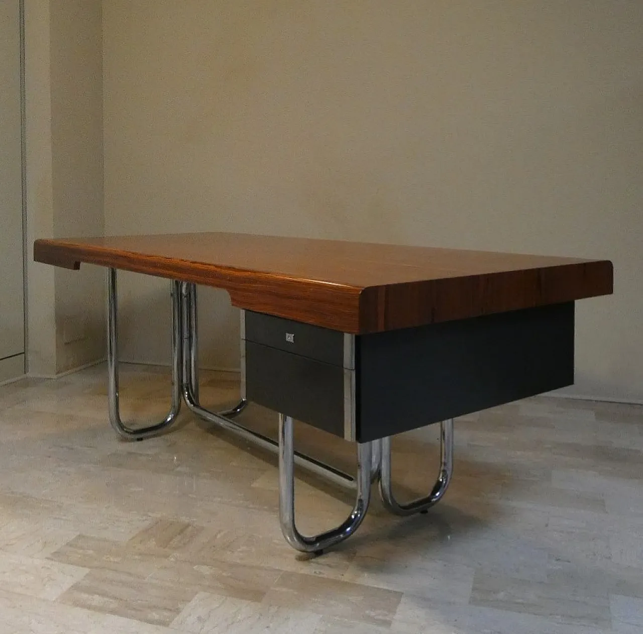 Modernist Bauhaus desk in wood and chromed steel, France, 1950s 1