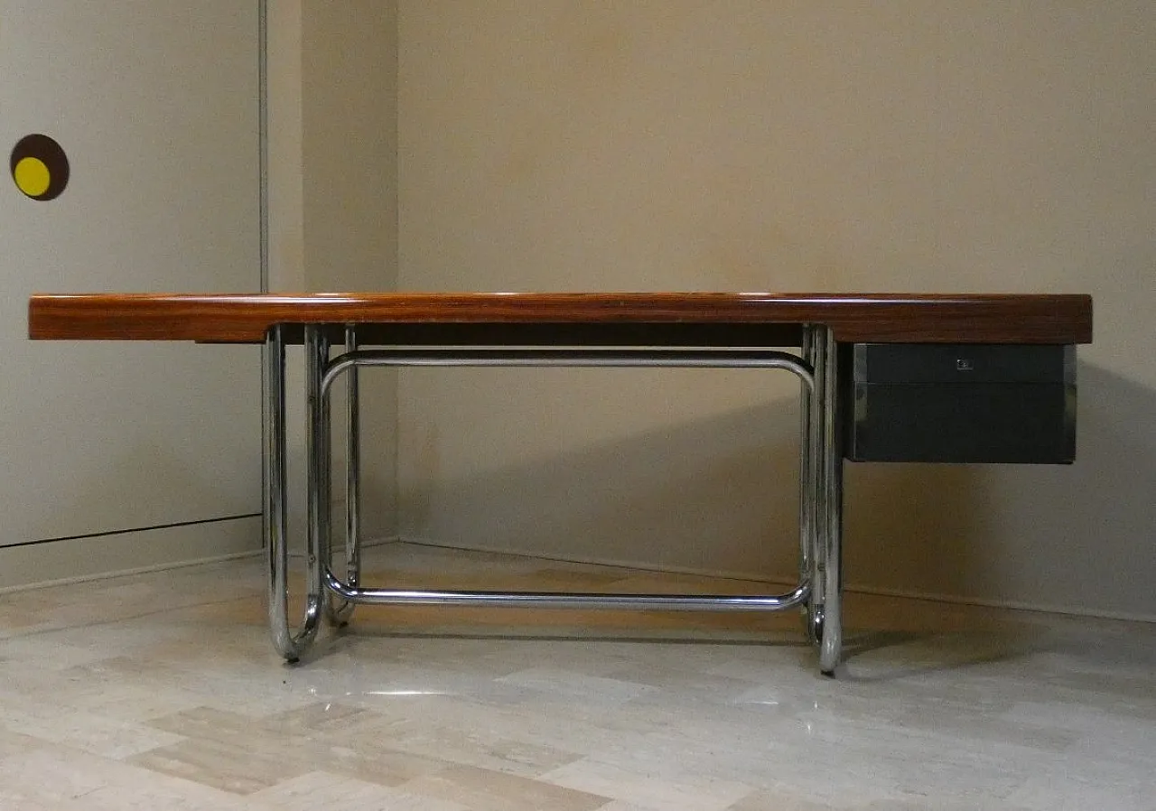 Modernist Bauhaus desk in wood and chromed steel, France, 1950s 2