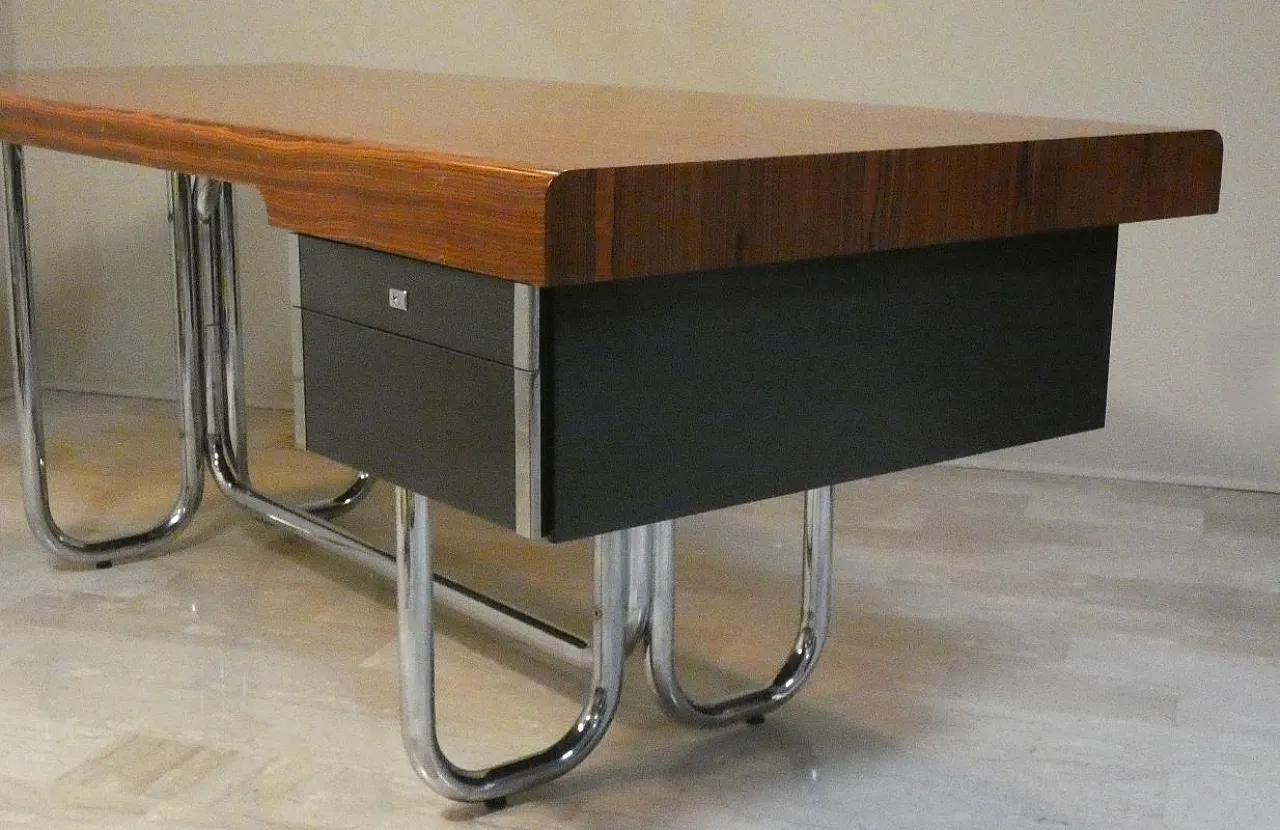 Modernist Bauhaus desk in wood and chromed steel, France, 1950s 5