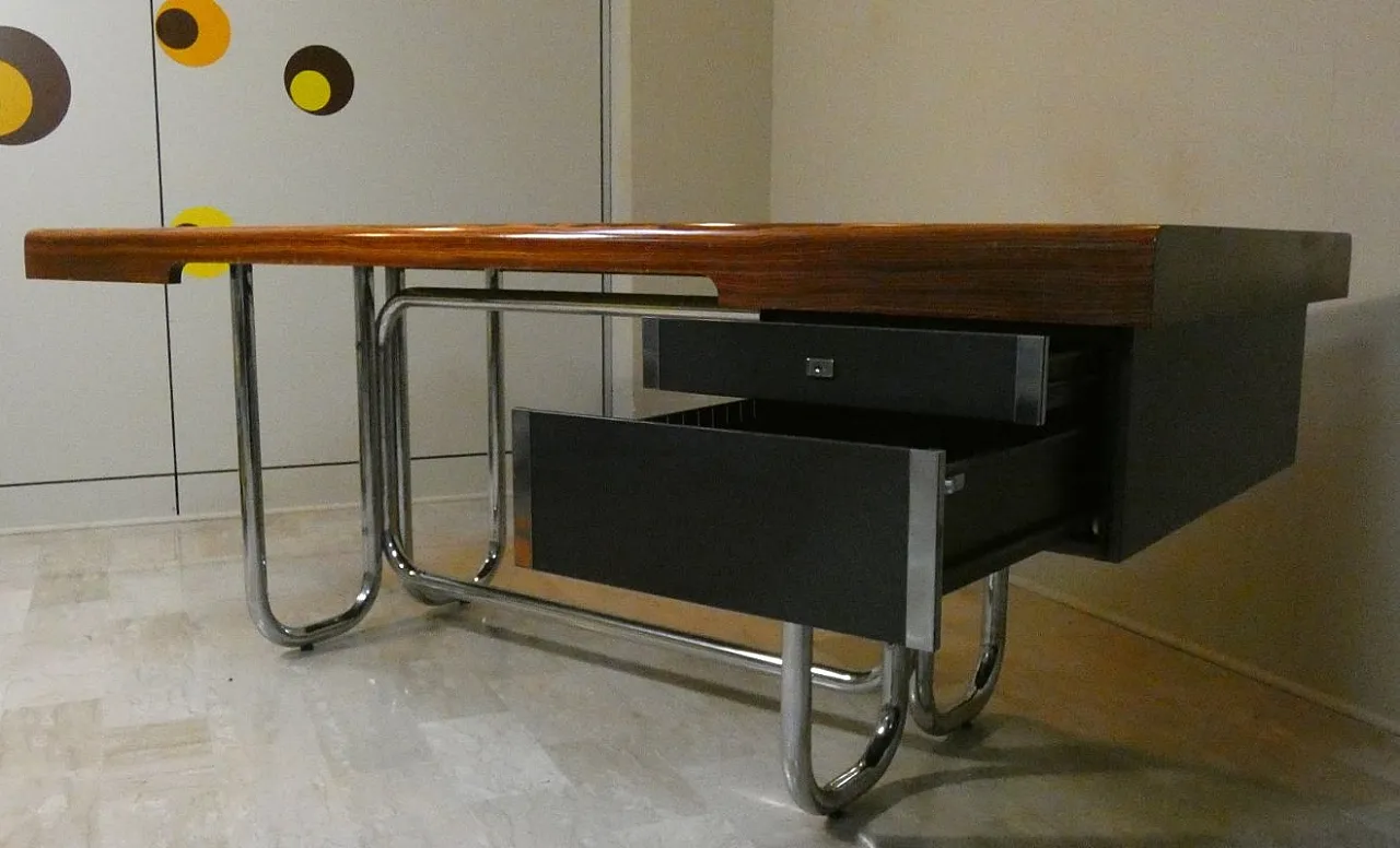 Modernist Bauhaus desk in wood and chromed steel, France, 1950s 8
