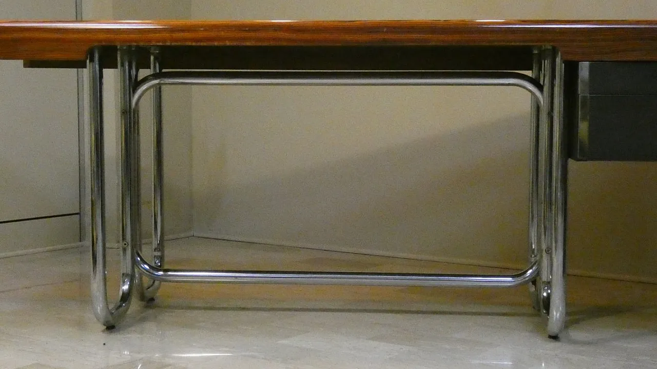 Modernist Bauhaus desk in wood and chromed steel, France, 1950s 17