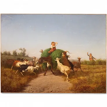 Dipinto scena di genere pastorale, '800