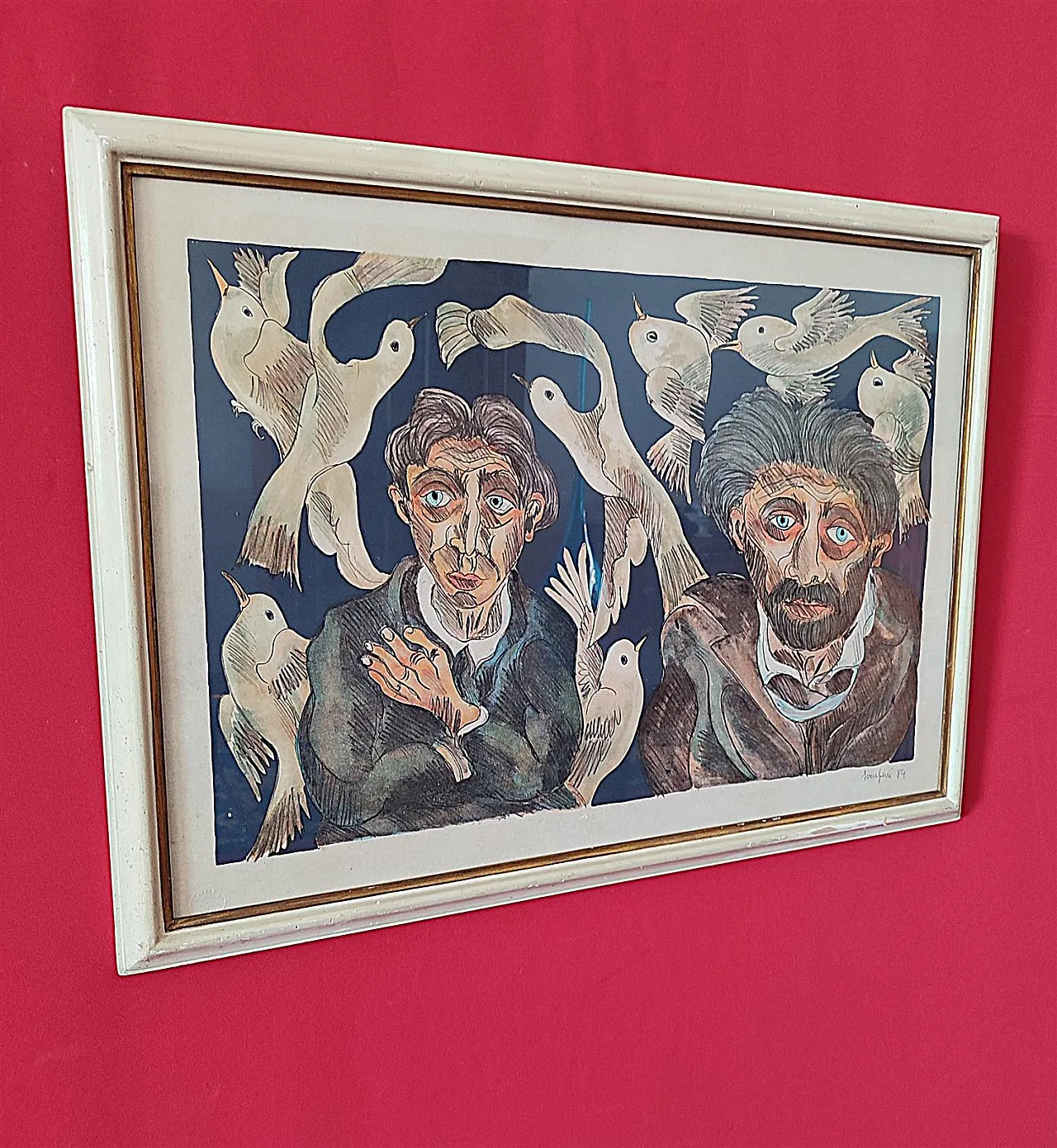 Faces and Doves by Giuseppe Serafini, oil on cardboard, 20th century 1