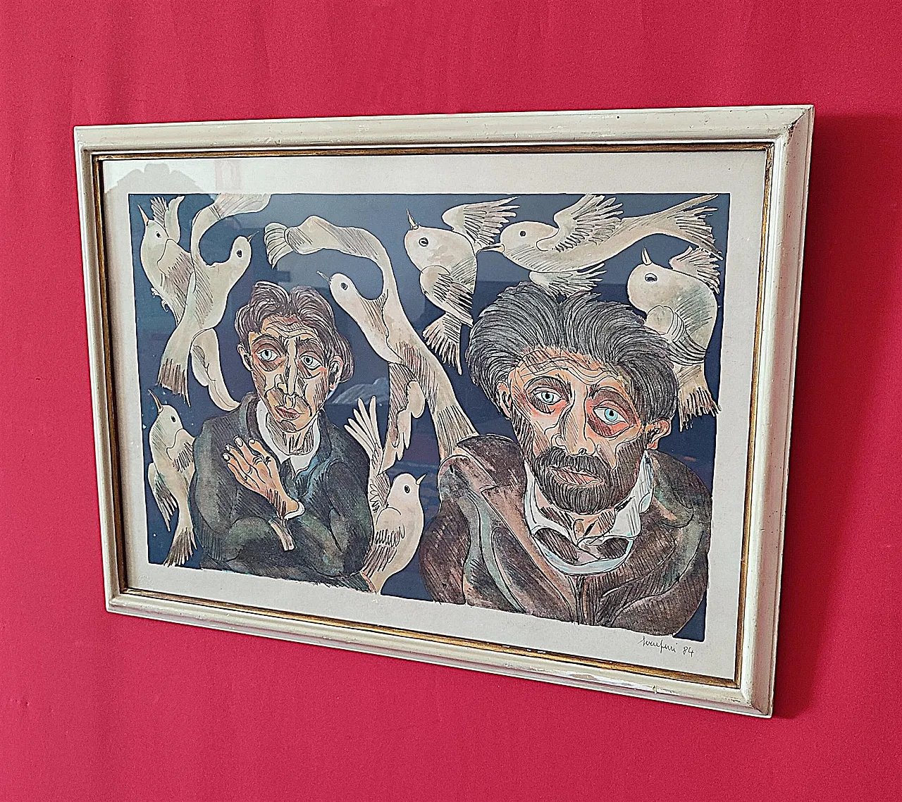 Faces and Doves by Giuseppe Serafini, oil on cardboard, 20th century 2