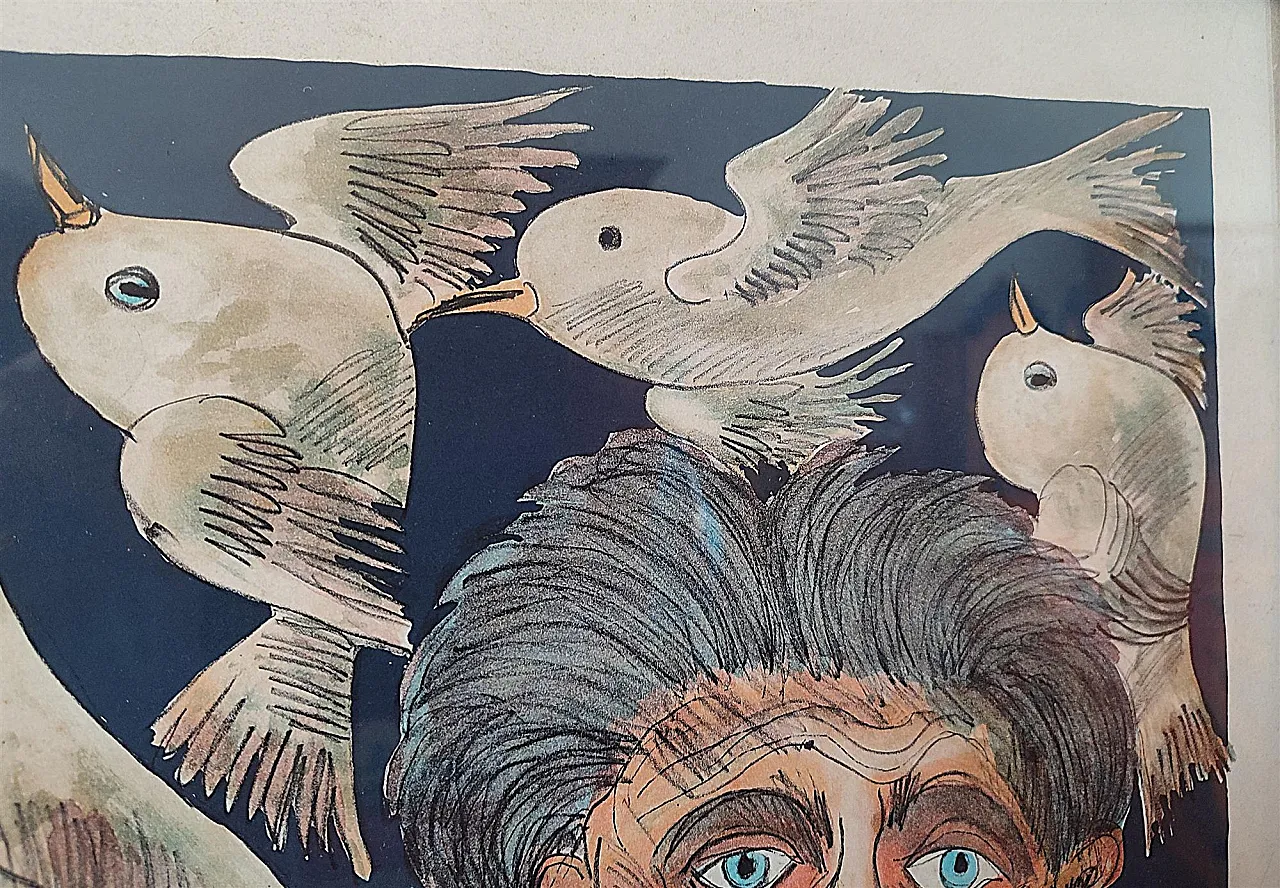 Faces and Doves by Giuseppe Serafini, oil on cardboard, 20th century 6