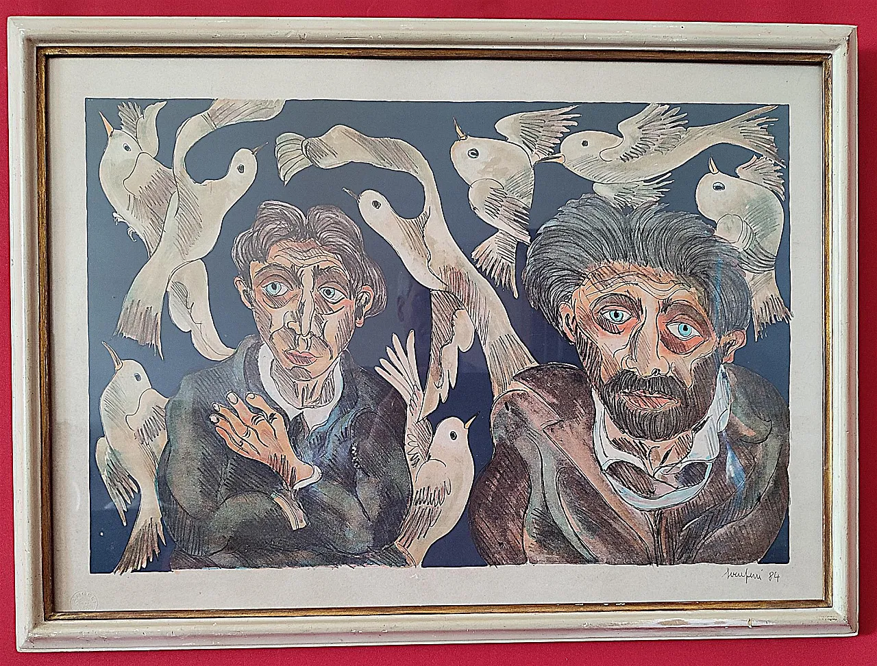 Faces and Doves by Giuseppe Serafini, oil on cardboard, 20th century 10