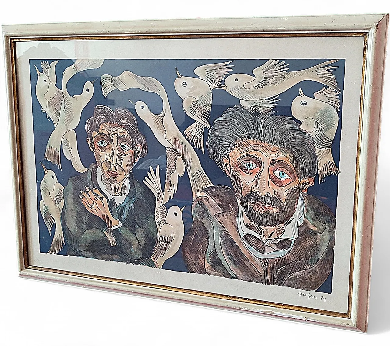 Faces and Doves by Giuseppe Serafini, oil on cardboard, 20th century 11