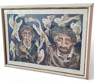 Faces and Doves by Giuseppe Serafini, oil on cardboard, 20th century
