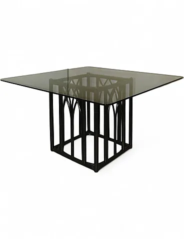 Italian Black Lacquered Oak and Beech Table with Leather Trim and Tempered Glass Top by Gasparucci Italo, 1970s
