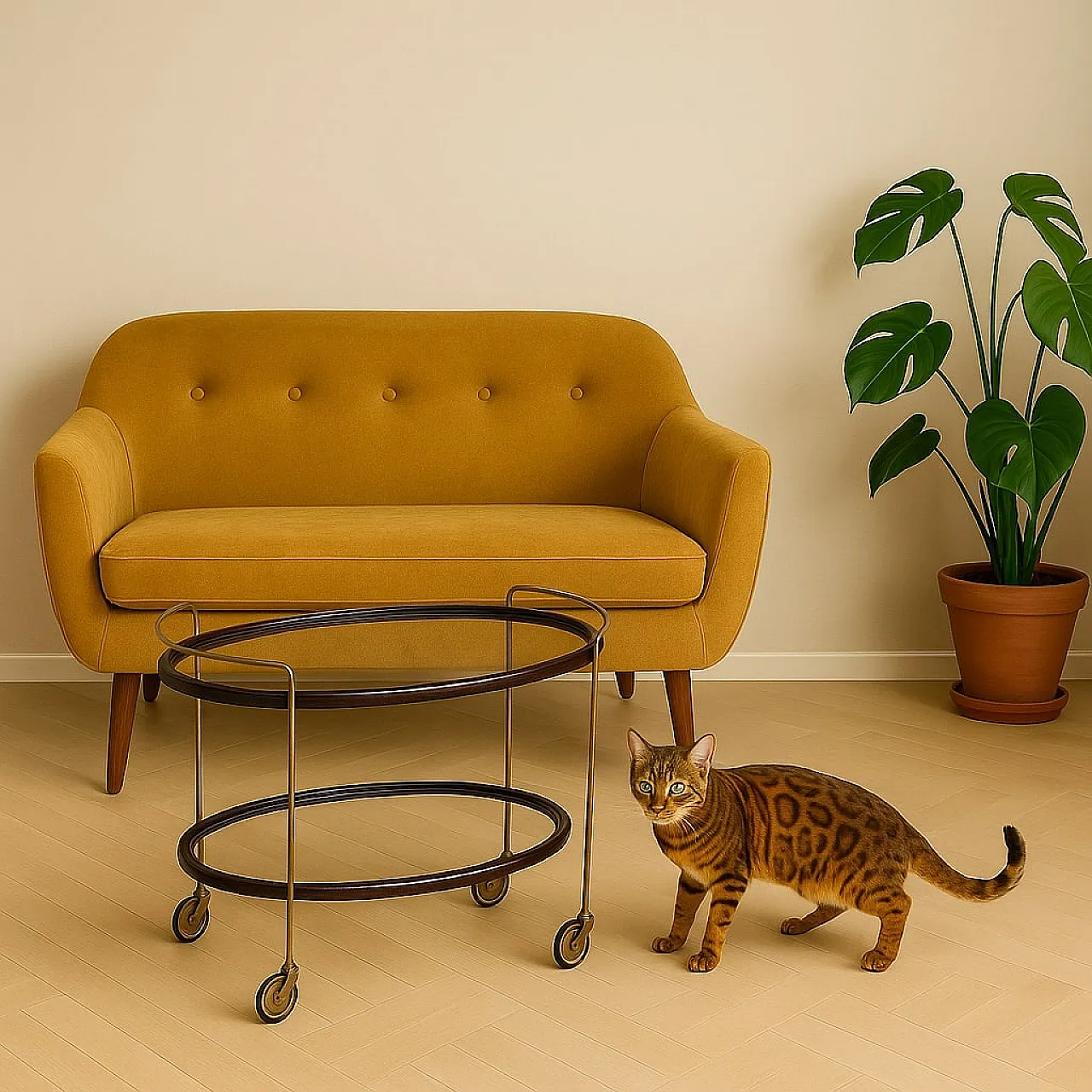 Oval ebony-stained wood and glass bar cart, 1950s 2