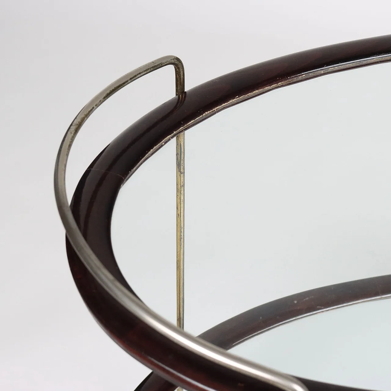 Oval ebony-stained wood and glass bar cart, 1950s 5