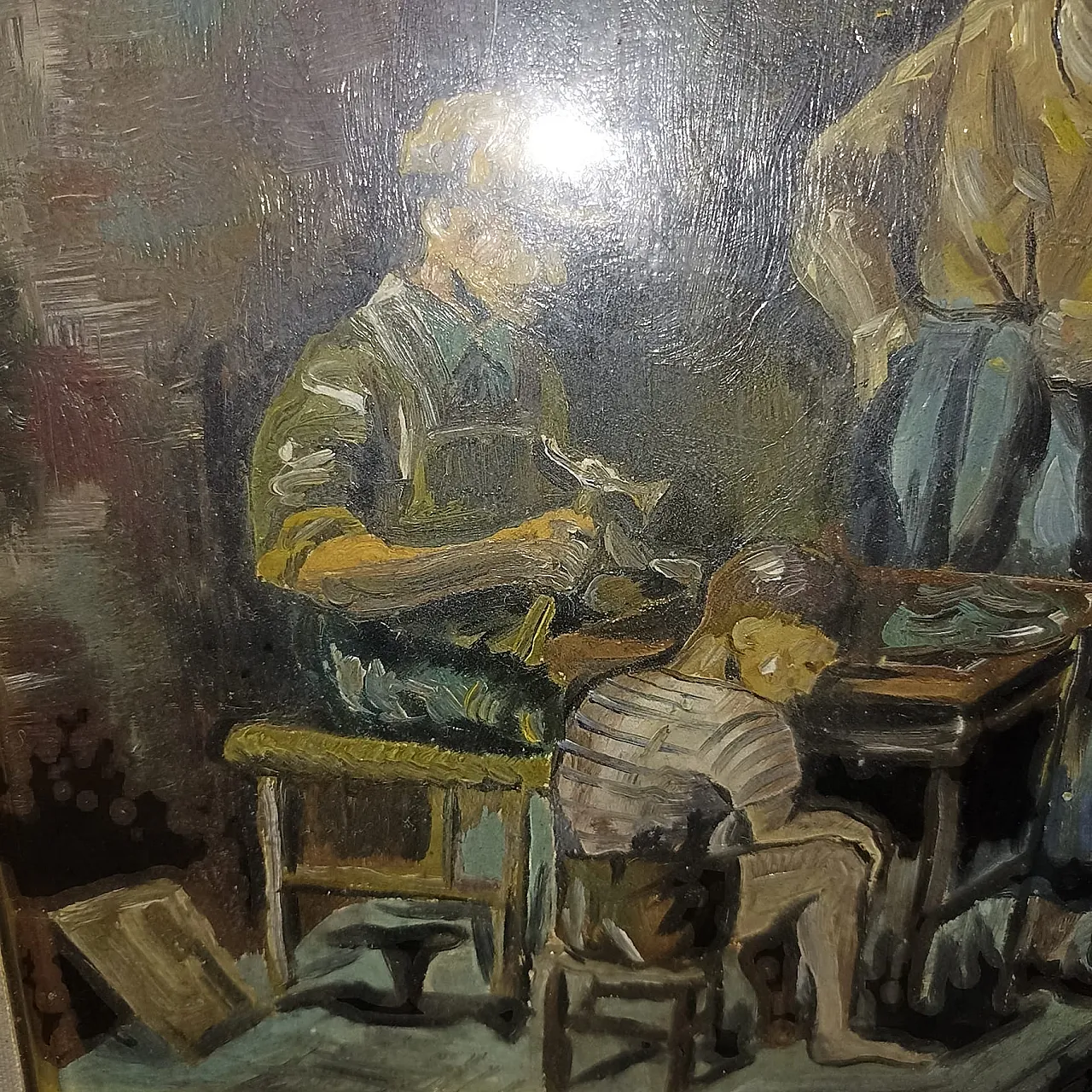 Dipinto ad olio scuola italiana scena popolare, anni '60 4