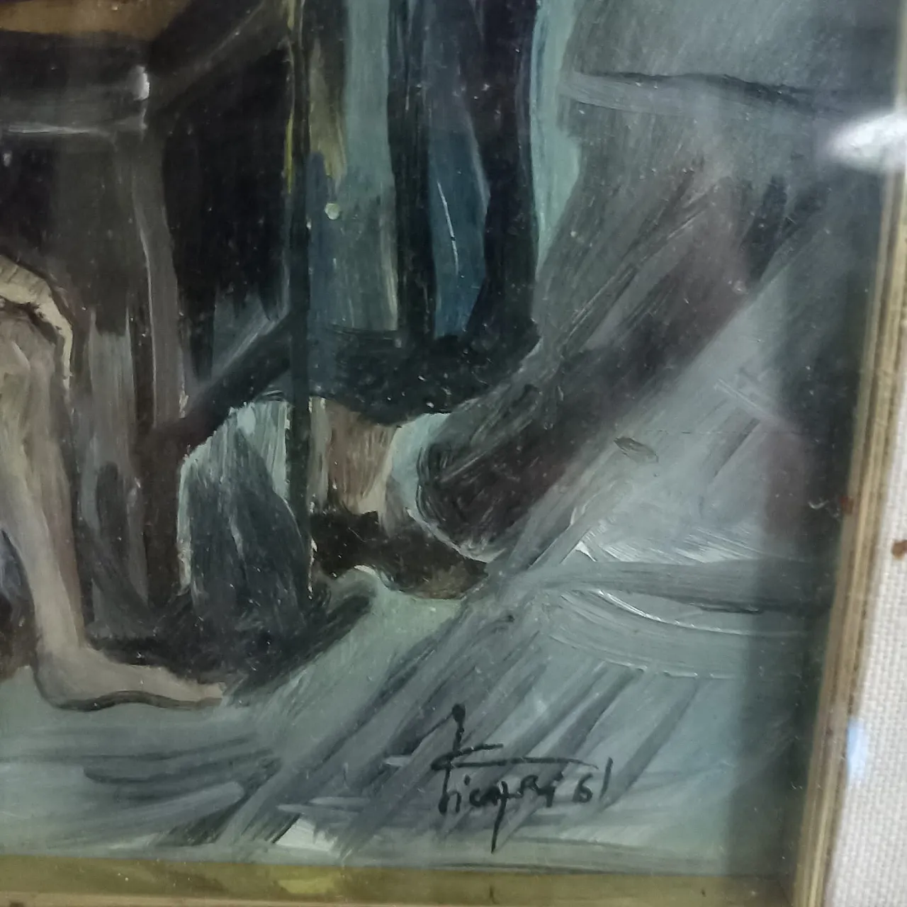 Dipinto ad olio scuola italiana scena popolare, anni '60 5