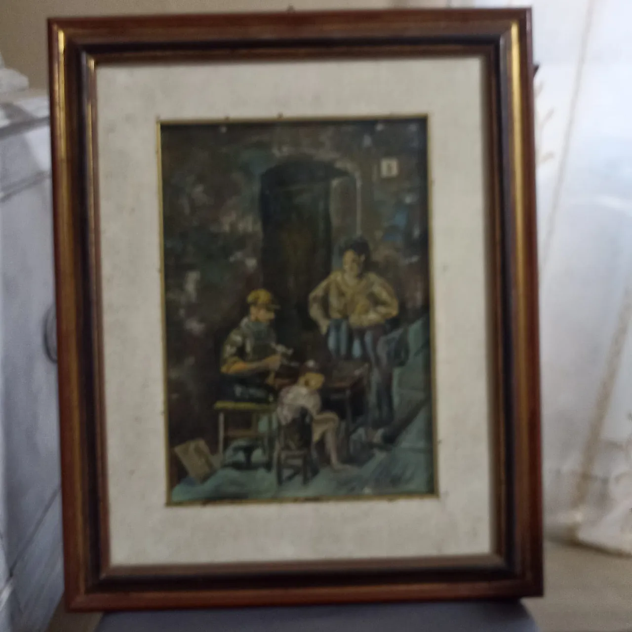 Dipinto ad olio scuola italiana scena popolare, anni '60 7