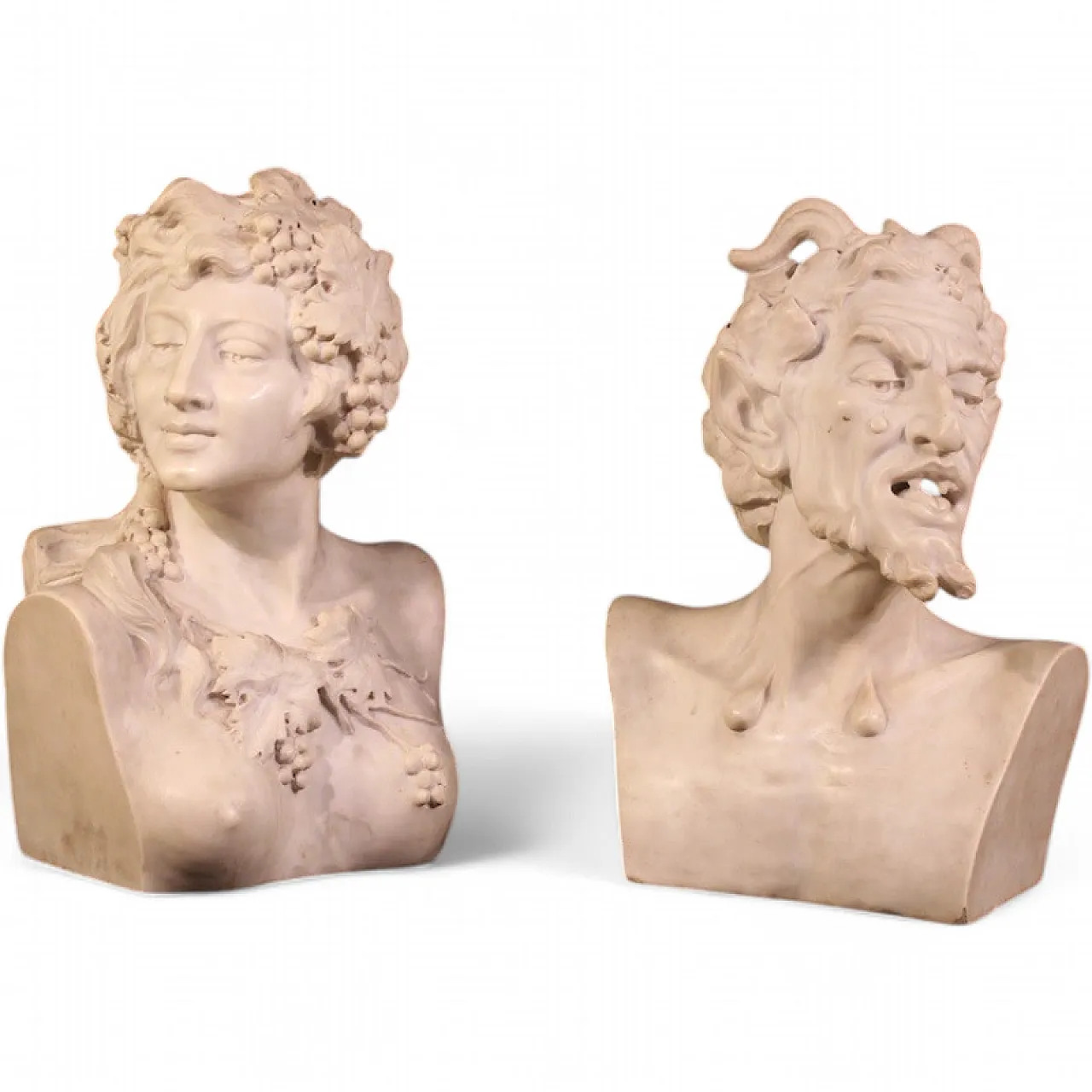 Coppia di sculture in marmo bianco Satiro e Baccante, '800 13