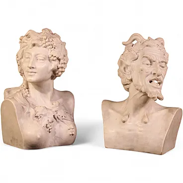 Pair of white marble sculptures, Satyr and Bacchante, 19th century